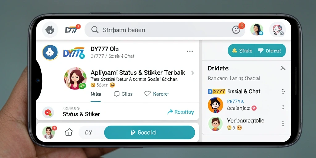 Antarmuka aplikasi stiker dan status DY777 yang menarik dan fungsional.